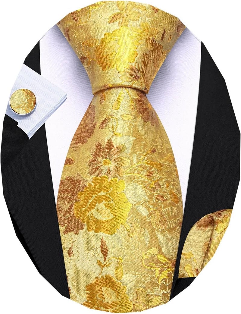 Barry.Wang Store Flower Ties for Men Handkerchief Cufflinks Set Wedding Necktie Set Party - Image 1